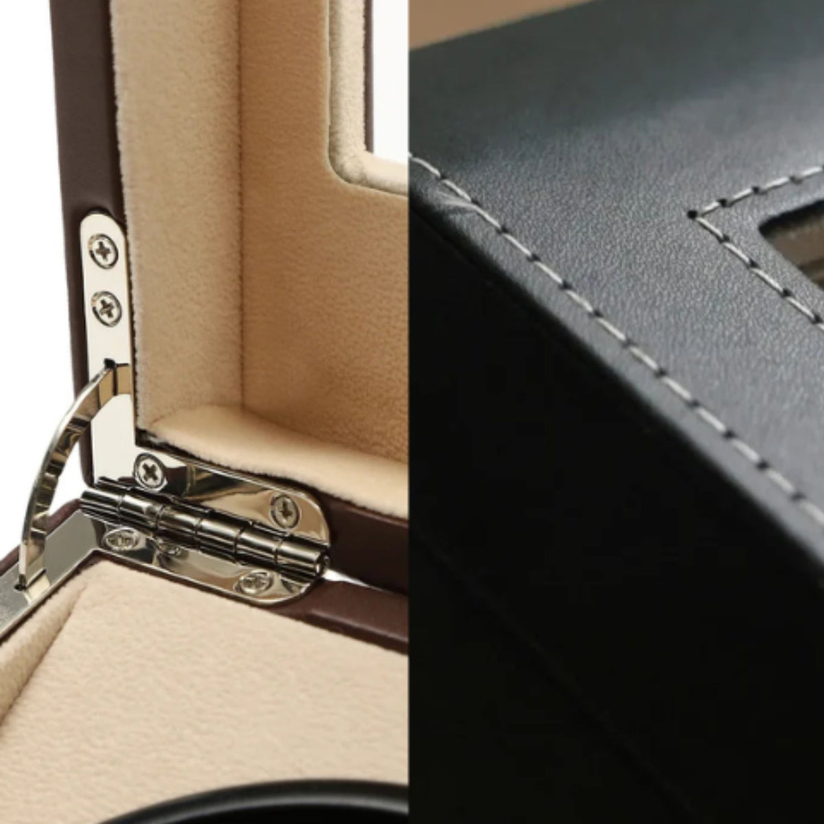 Charnière métal et couture du coffret remontoir, similicuir brun et noir