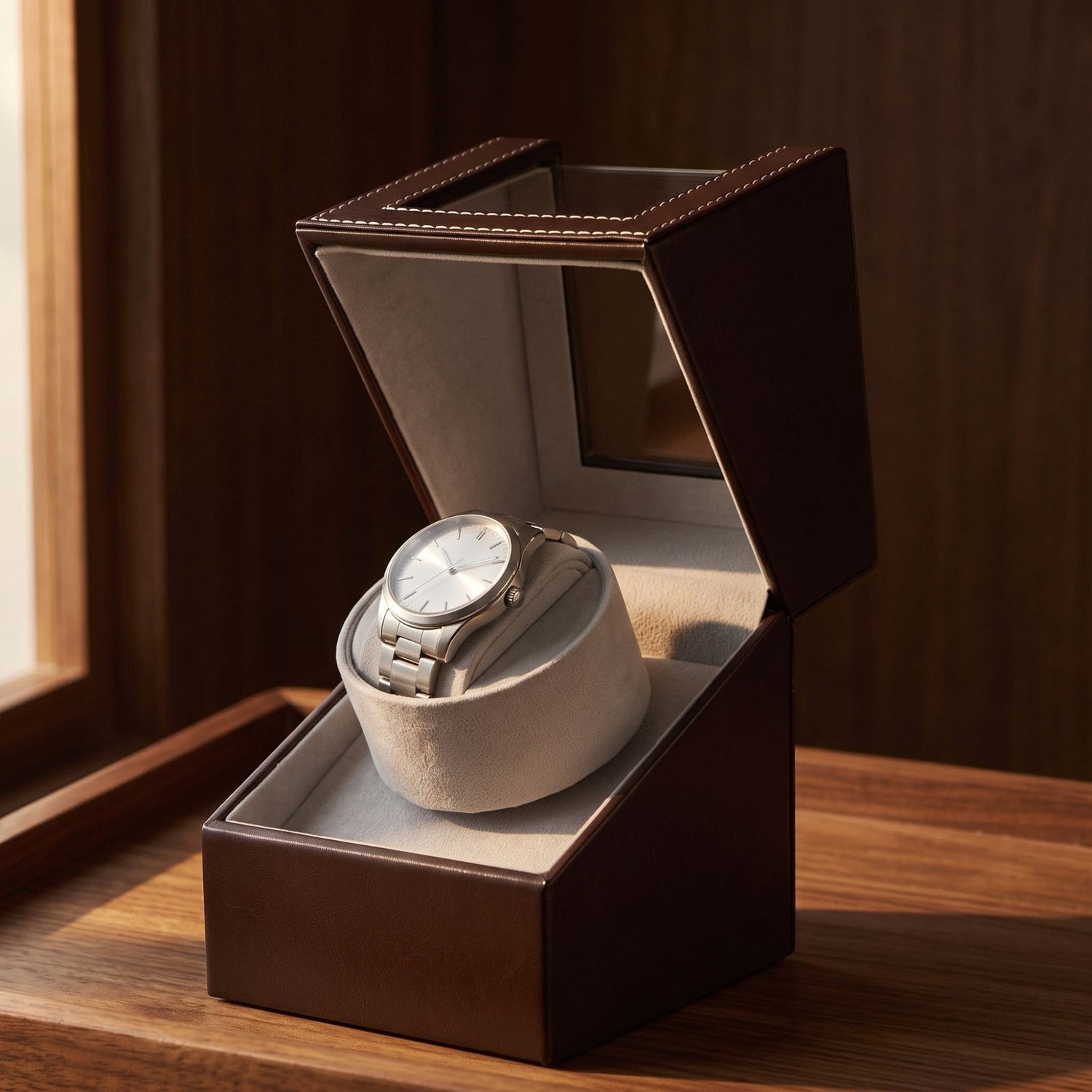 Remontoir de montre L'Écrin posé sur un bureau en noyer, éclairé par la lumière du soir