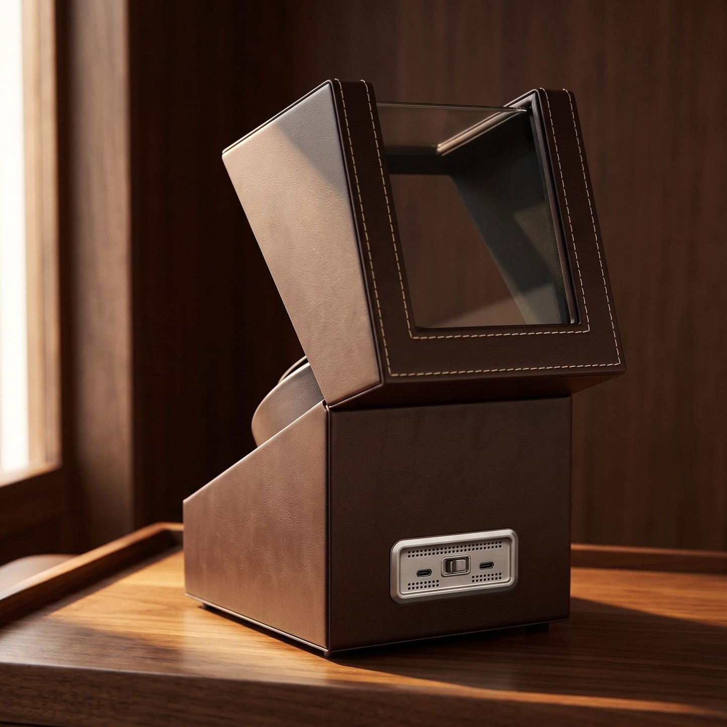 Panneau arrière du remontoir L'Écrin marron avec son interrupteur et ses deux ports USB-C