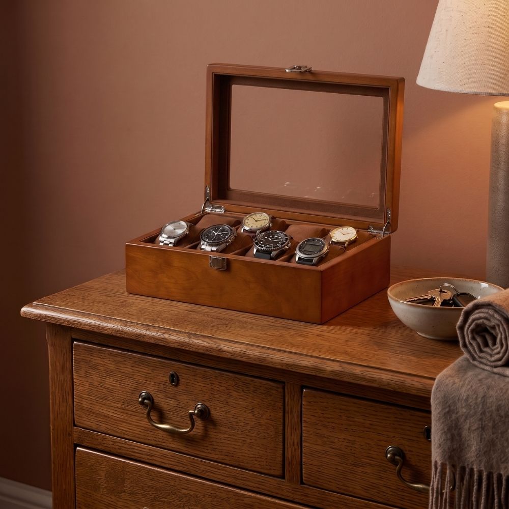 Le Comptoir VIII ambre posé sur une commode en chêne, à côté d'une coupelle et d'un plaid. La boîte à montre est ouverte et comporte 6 montres