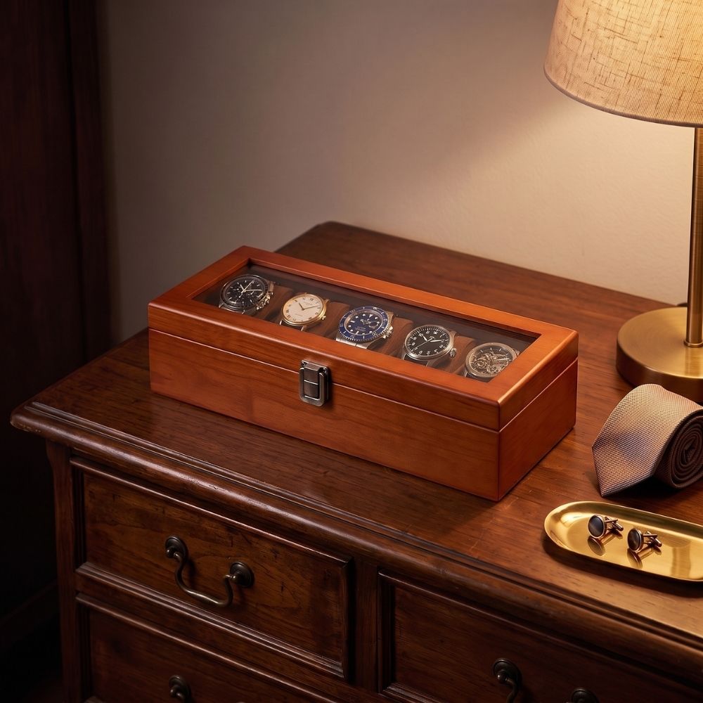 Le Comptoir V posé sur une table de chevet en bois, cinq montres visibles sous le couvercle vitré