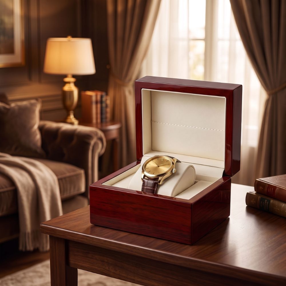 Boîte pour montre posée sur table en bois avec une montre cadran doré bracelet en cuir