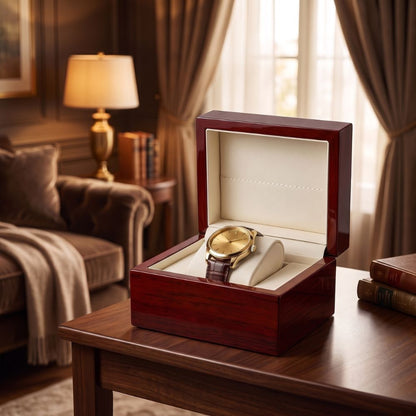 Boîte pour montre posée sur table en bois avec une montre cadran doré bracelet en cuir