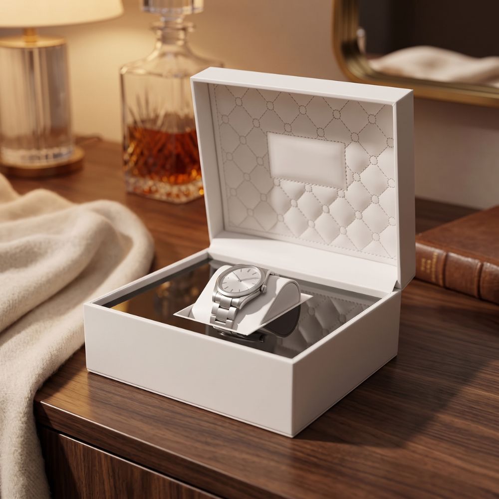 Boîte pour montre Le Matelassé posée sur une commode en bois avec une montre de luxe bracelet argenté