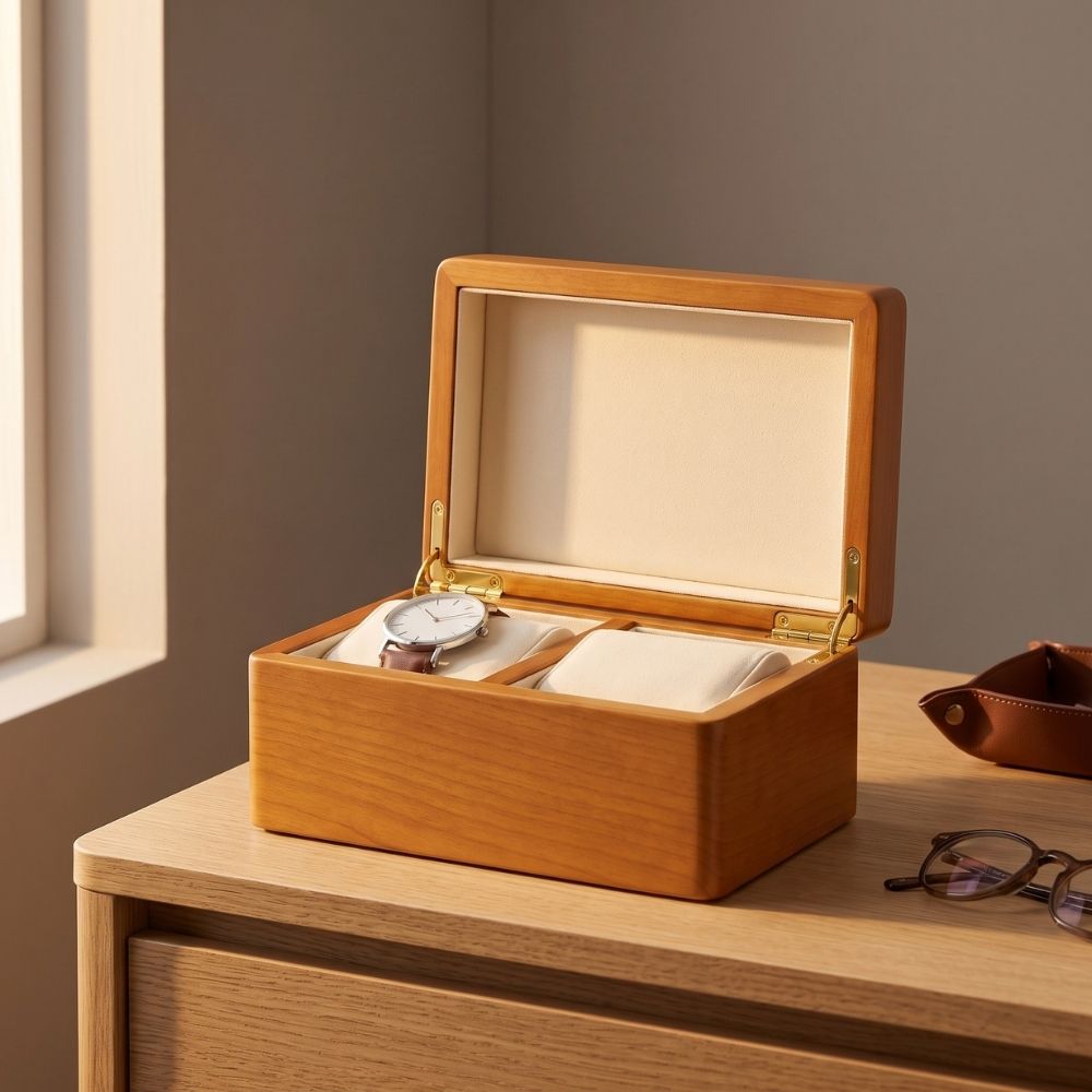 Boîte à montre en bois massif ouverte sur une commode en chêne, lumière naturelle du matin