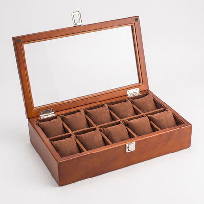 Boîte à montre Le Comptoir 12 emplacements en bois ambre, couvercle vitré et deux rangées de six coussins