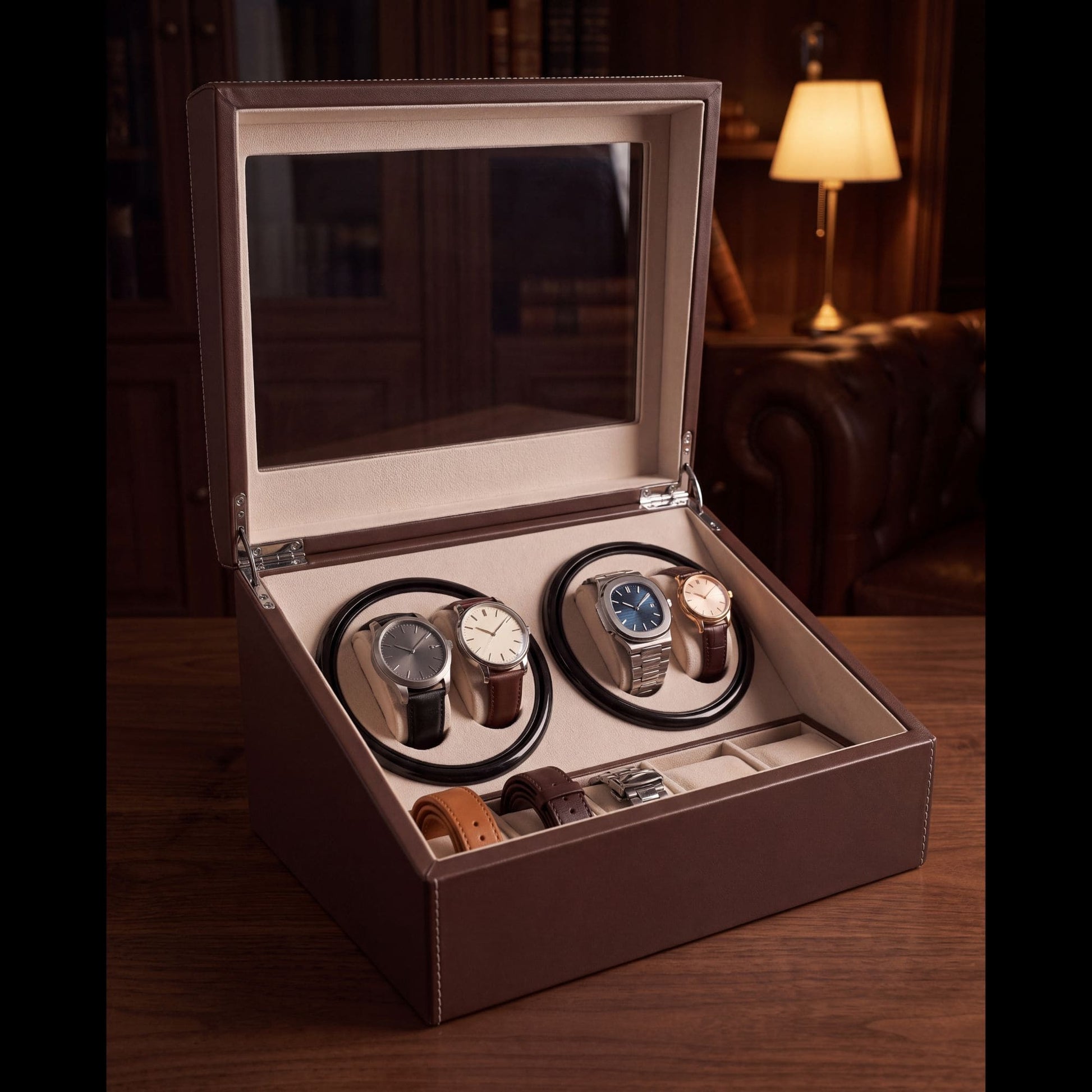 Coffret remontoir 4 montres en rotation et 6 compartiments de rangement doublés velours