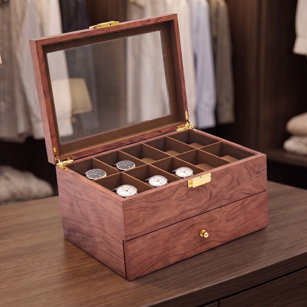 La Commode posée dans un dressing en bois sombre