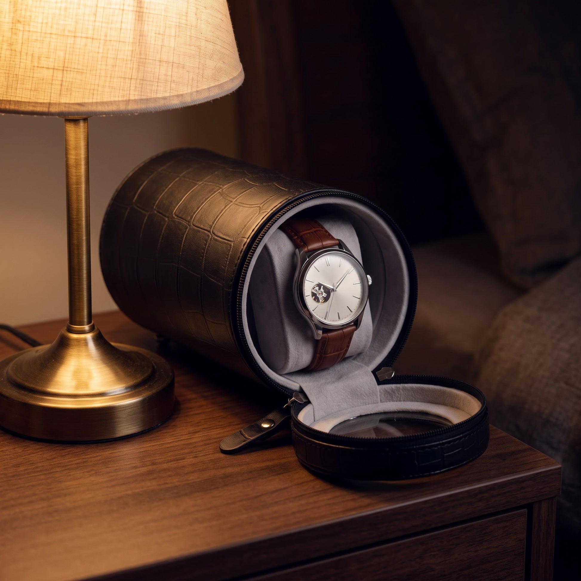 Le Nomade sur une table de nuit, montre en place