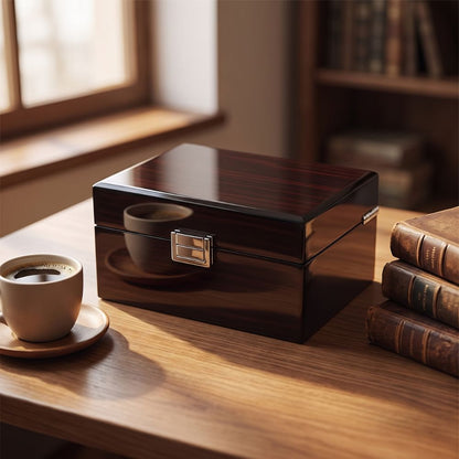 Boîte à montre Le Manoir posée sur un bureau en bois, tasse de café et livres reliés
