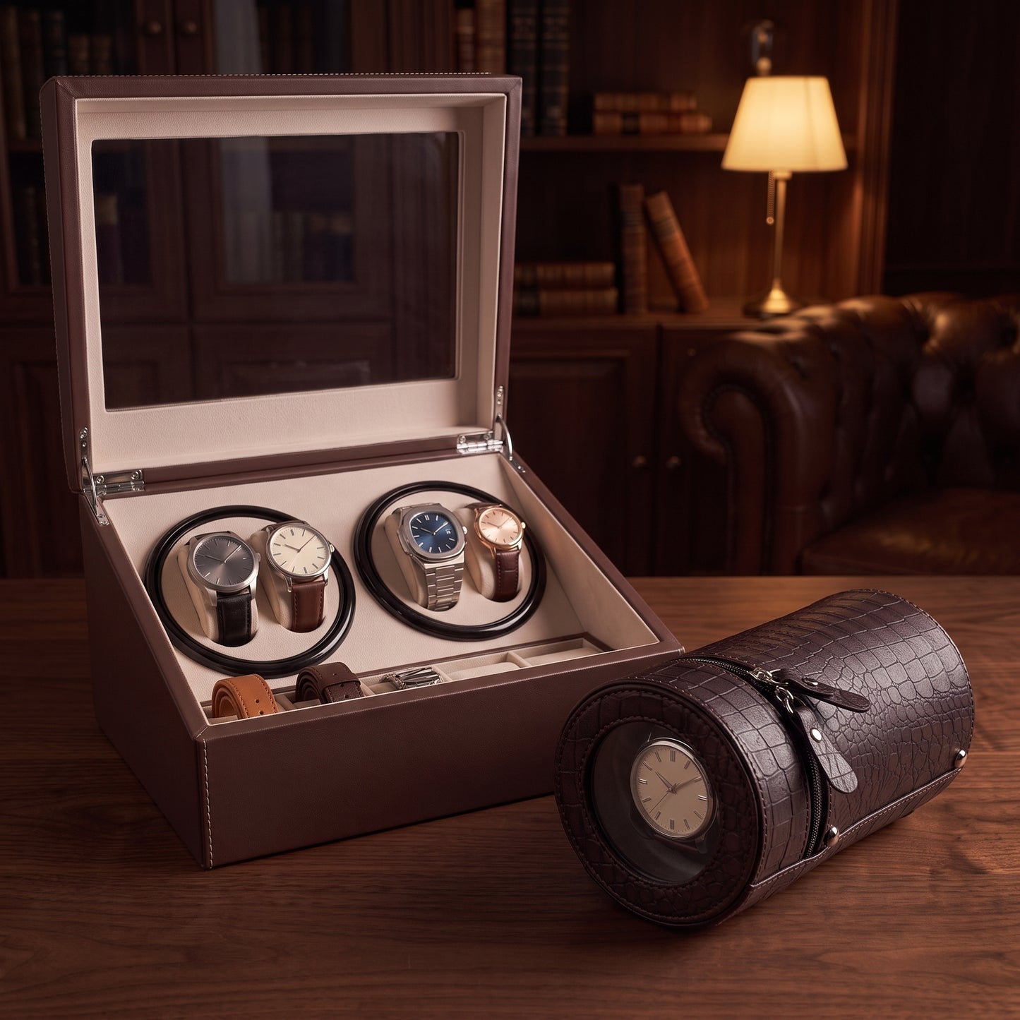 Coffret remontoir 4 montres et remontoir de voyage Le Nomade posés côte à côte