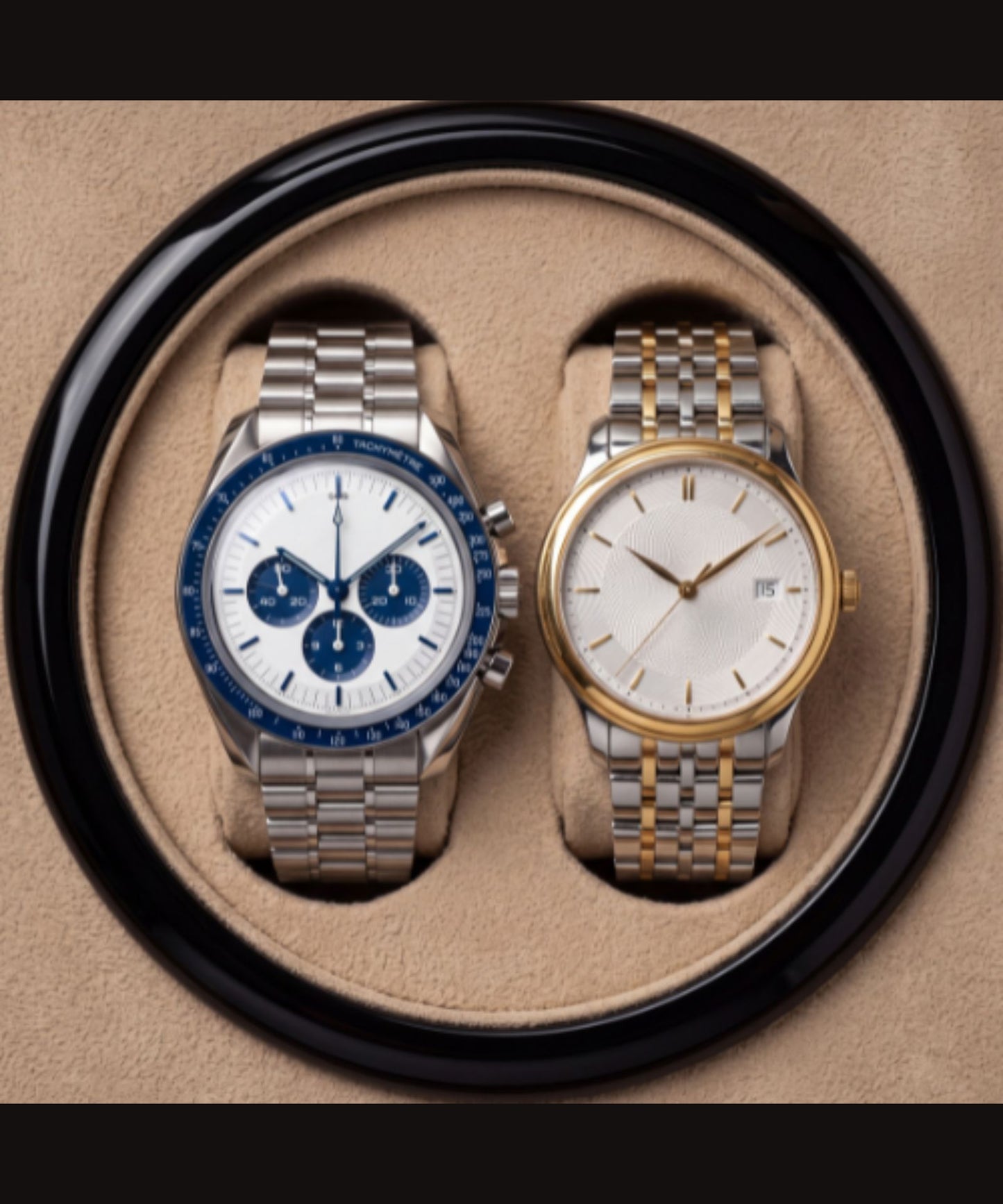 Plateau rotatif du remontoir avec deux montres automatiques sur coussinets amovibles