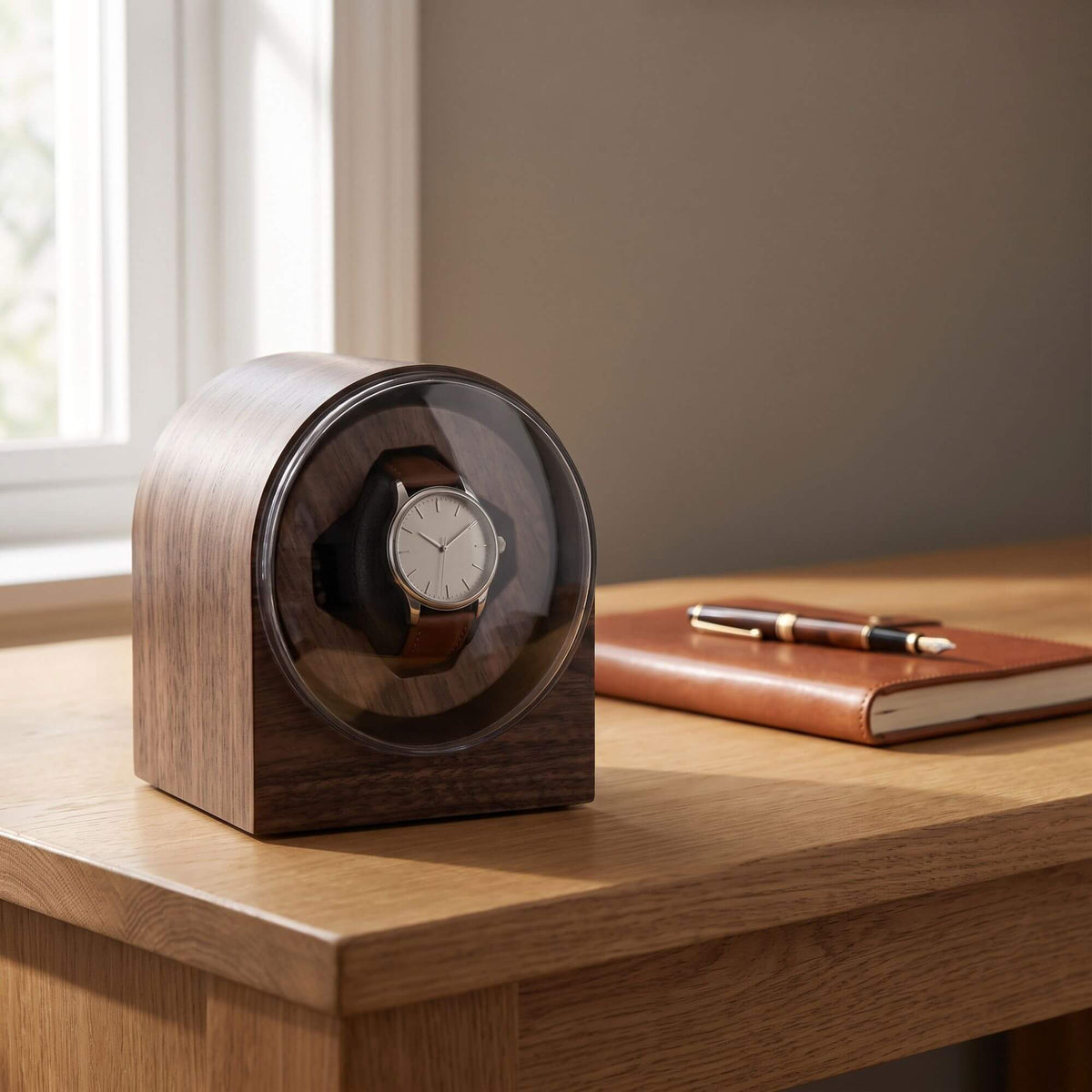 L'Arche posé sur un bureau en chêne près d'une fenêtre, une montre à bracelet cuir en cours de remontage