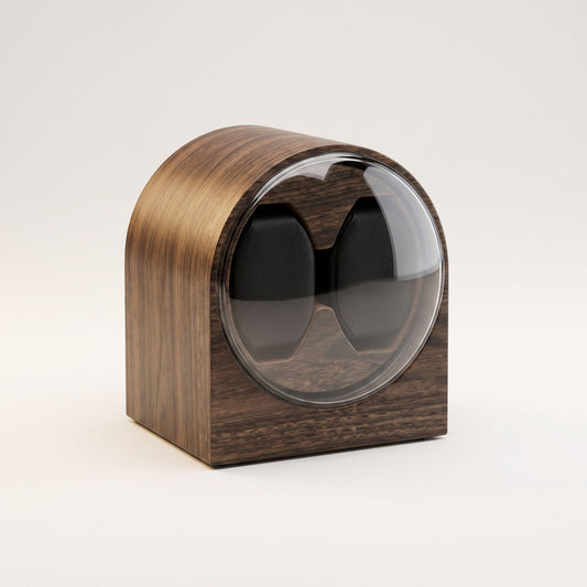 Remontoir L'Arche Duo pour deux montres automatiques, coffret arrondi aspect noyer et hublot bombé transparent