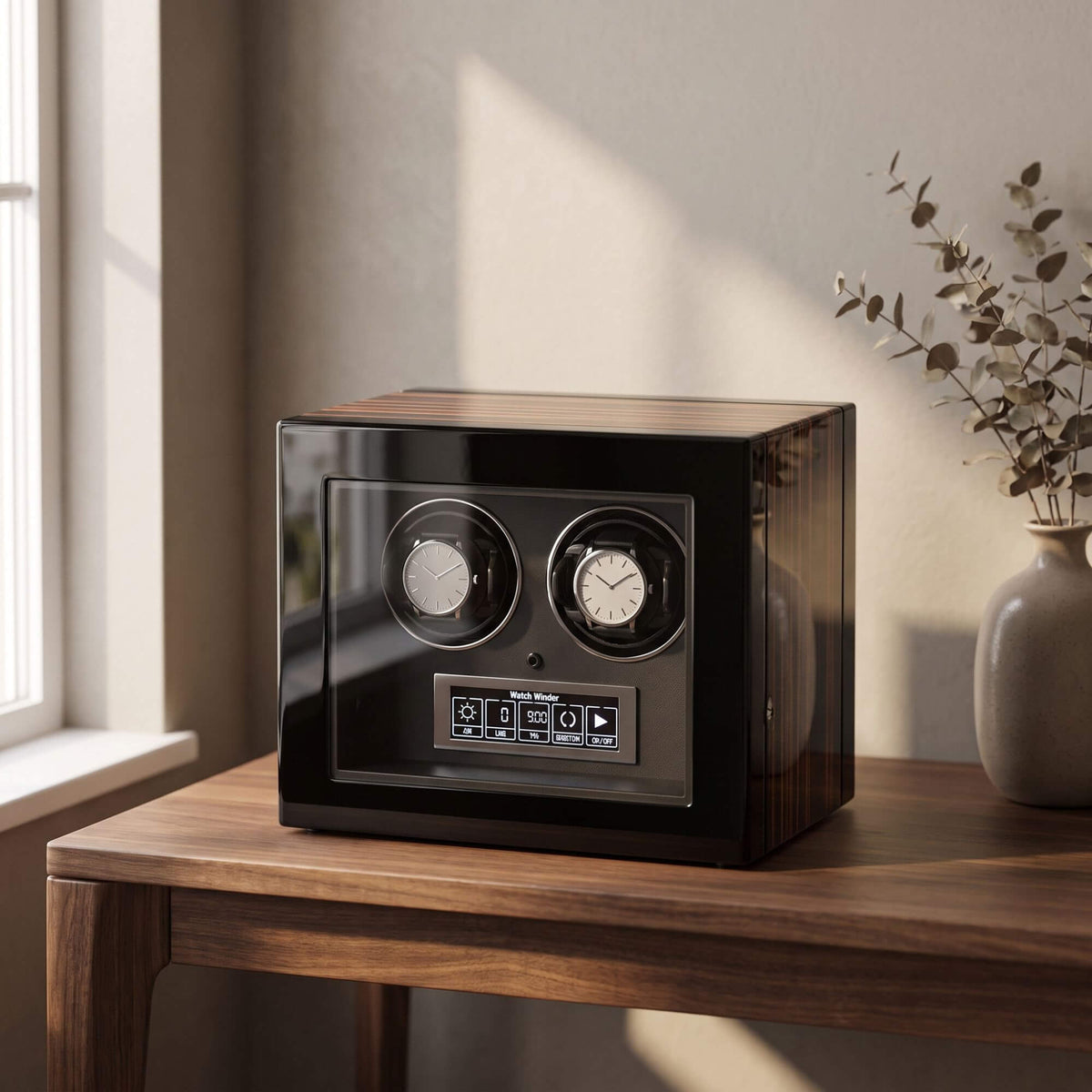 Remontoir 2 montres en bois laqué posé sur une console en noyer, éclairé par la lumière d'une fenêtre
