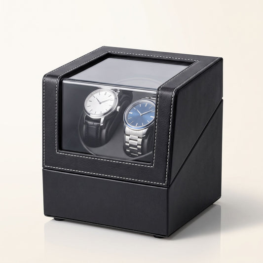 Remontoir 2 montres L'Écrin Duo en similicuir noir, couvercle fermé et hublot vitré