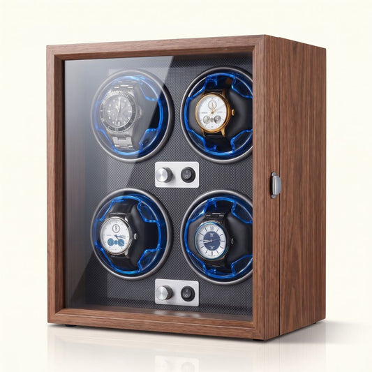 Remontoir 4 montres La Vitrine Quatuor, coffret bois de noyer à porte vitrée, rotors éclairés en bleu