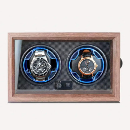 Remontoir pour deux montres automatiques, coffret en bois à porte vitrée, vu de face