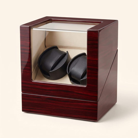 Remontoir Le Grenat pour deux montres automatiques, coffret en bois laqué bordeaux à façade vitrée