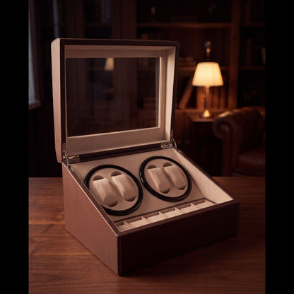 Remontoir montre automatique 4+6 en cuir brun avec vitre en verre, coffret ouvert