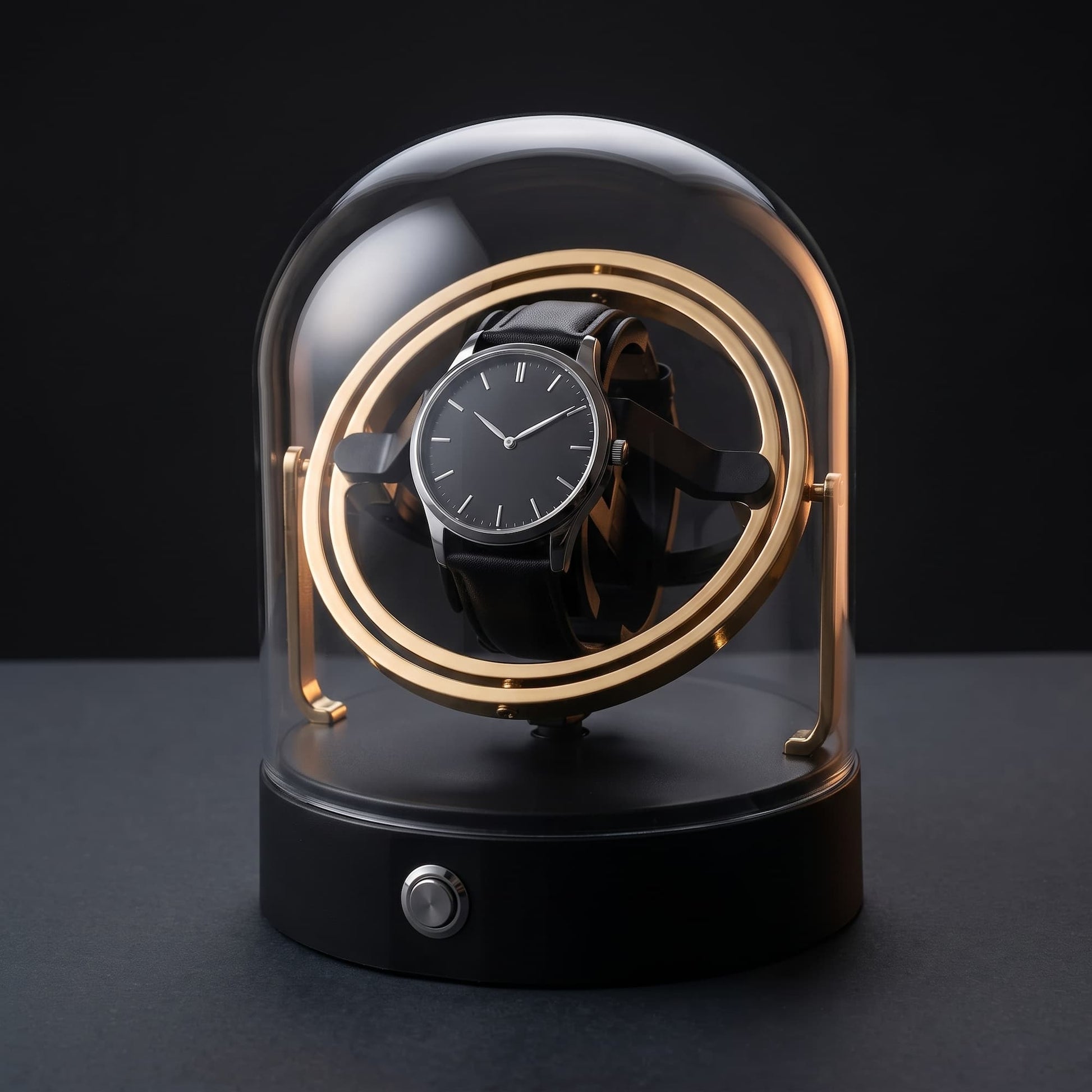 Remontoir Le Dôme sur fond sombre, anneau doré et montre automatique