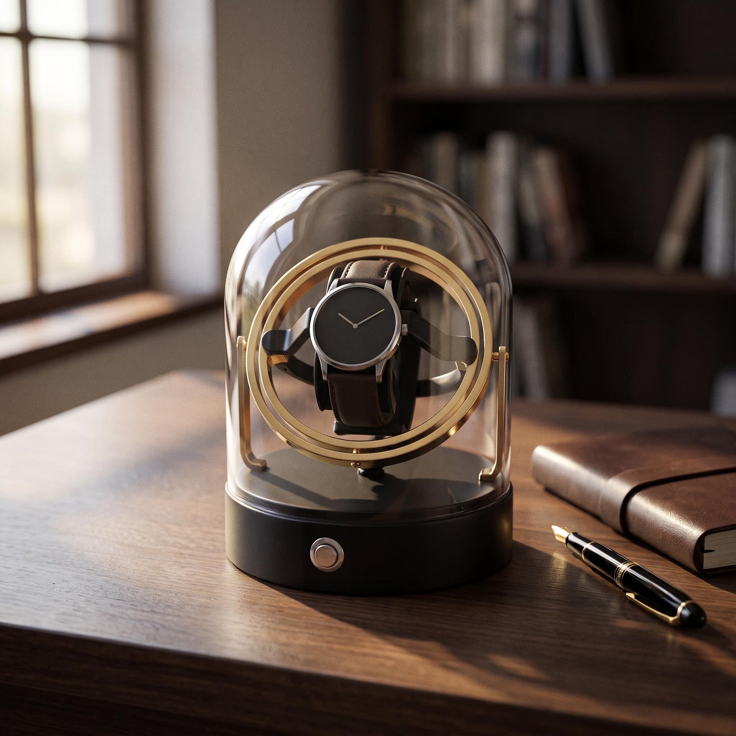 Remontoir Le Dôme posé sur un bureau en bois, montre automatique en place
