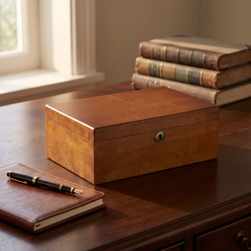 Le Secrétaire posé fermé sur un bureau en bois sombre, lumière chaude d'après-midi